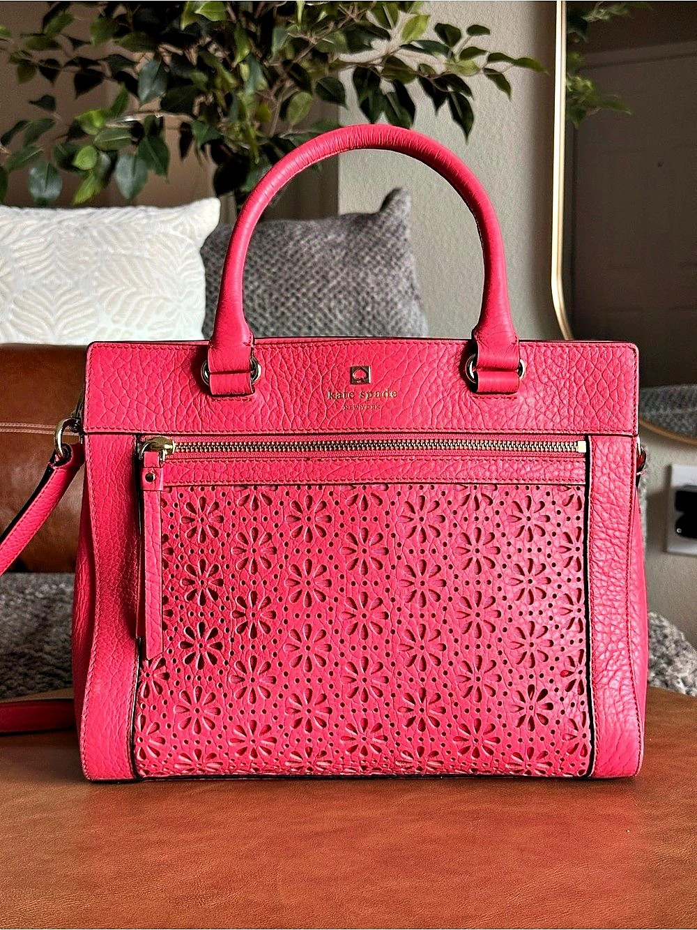 Kate Spade Perri Lane Romy Satchel Pink Leather Floral Laser Cut Crossbody